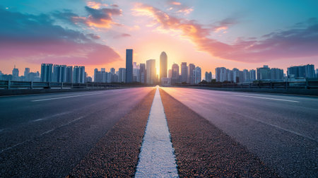 Race track road and bridge with city skyline at sunsetの素材