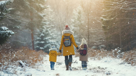 Rear view of family with two small children in winter nature, walking in the snow.の素材