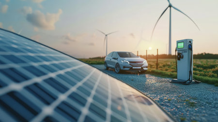 Using of charge station, solar panel and windmill background. Sustainability assessment, renewable energy concept. Electric vehicle using sustainable source, wind generator. Saving, climate change.の素材