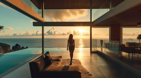Woman in modern house overlooking oceanの素材