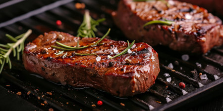 Beef steak with rosemary, black pepper, sea salt and butter on a grill panの素材
