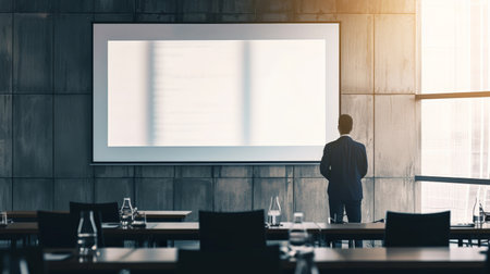 Businessman standing in conference room with empty screen for projector on wall. Business presentation concept.の素材