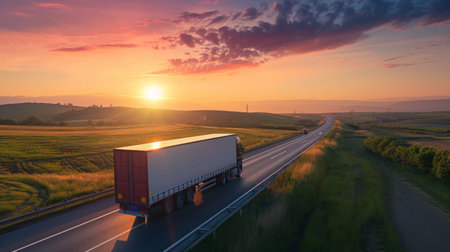 Cargo truck driving through landscape at sunsetの素材