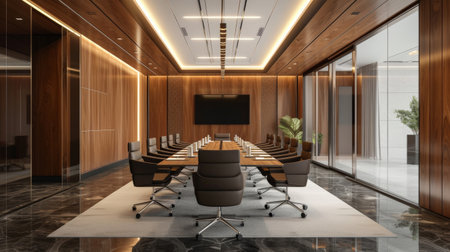 High level meeting of executive room is decorated with stylish table and chairs around. Conference room is ready for next level of executive meeting.の素材