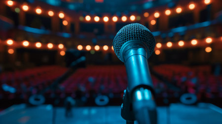 Close up of microphone in concert hallの素材