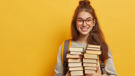 Happy teen student lady with backpack in glasses hold many books, enjoy study, learn, isolating on yellow studio background. Education at university, lifestyle, project, homework and libraryの素材