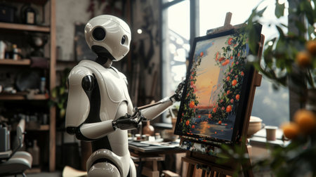 Humanoid AI robot painting a still life composition on canvas in the art studioの素材