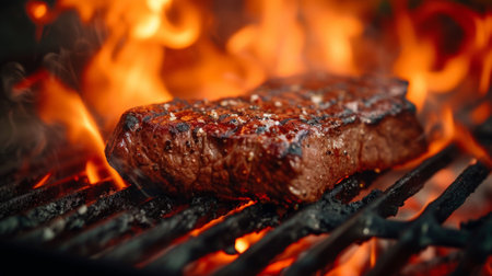 Juicy bloody steak on the grill against the background of flames. Shallow depth of fieldの素材