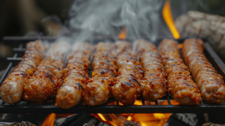 Juicy fried sausages on the grill on the background of the fire.の素材