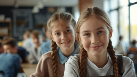 Portrait of two diligent girls looking at camera at workplace with schoolboys on backgroundの素材