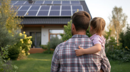 Rear view of dad holding her little girl in arms and showing at their house with installed solar panels. Alternative energy, saving resources and sustainable lifestyle concept.の素材