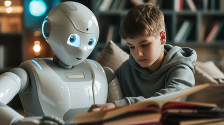 Innovative AI robot tutor helping a teenage boy with homework, they are reading books together, human-robot interaction conceptの素材