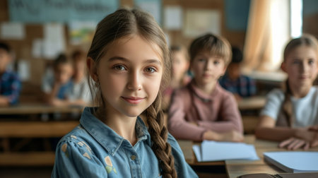 Portrait of two diligent girls looking at camera at workplace with schoolboys on backgroundの素材