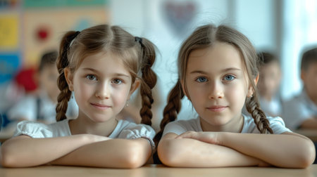 Portrait of two diligent girls looking at camera at workplace with schoolboys on backgroundの素材