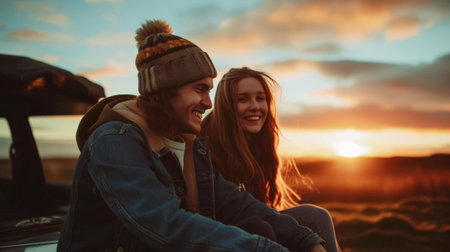 Smiling woman sitting with boyfriend against car during sunsetの素材