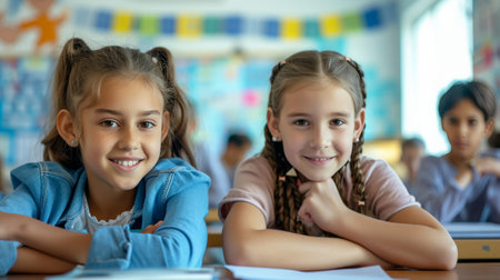 Portrait of two diligent girls looking at camera at workplace with schoolboys on backgroundの素材