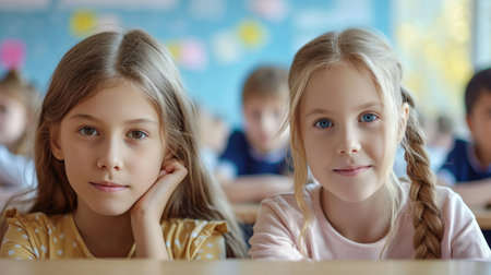 Portrait of two diligent girls looking at camera at workplace with schoolboys on backgroundの素材