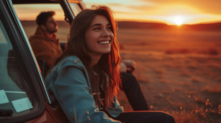 Smiling woman sitting with boyfriend against car during sunsetの素材