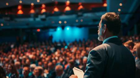 Speaker on the stage with Rear view of Audience in the conference hall or seminar meeting, business and education conceptの素材