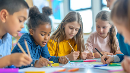 Students doing a creativity project with their teacher in a classroom. Group of primary school children learning how to draw and colour with the help of their educator.の素材