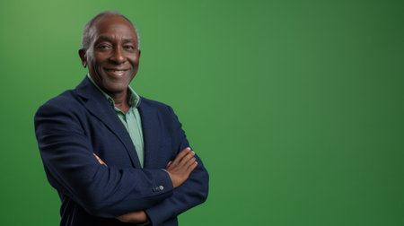 Happy, arms crossed and portrait of black man on green screen for confident, fashion and elegant style. Happiness, smile and senior with male model isolatedの素材
