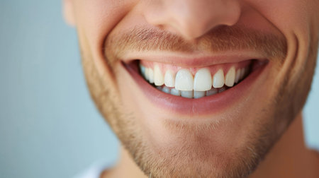Cropped shot of a young Caucasian smiling man. Teeth whitening. Dentistry, dental treatmentの素材