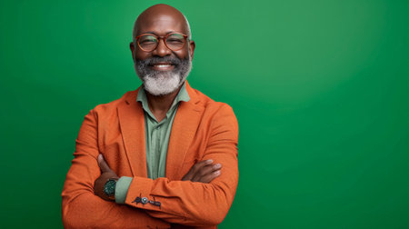 Happy, arms crossed and portrait of black man on green screen for confident, fashion and elegant style. Happiness, smile and senior with male model isolatedの素材
