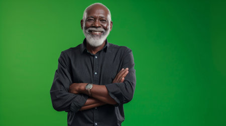 Happy, arms crossed and portrait of black man on green screen for confident, fashion and elegant style. Happiness, smile and senior with male model isolatedの素材