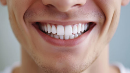 Cropped shot of a young Caucasian smiling man. Teeth whitening. Dentistry, dental treatmentの素材