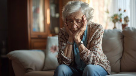 Rear view close up thoughtful mature woman touching forehead, suffering from headache, sitting on couch at home alone, pensive upset middle aged female lost in thoughts, thinking about problemsの素材