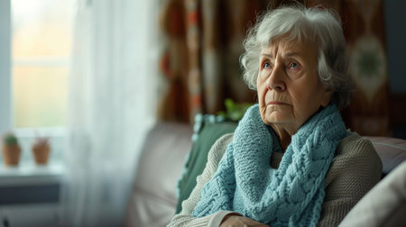 Rear view close up thoughtful mature woman touching forehead, suffering from headache, sitting on couch at home alone, pensive upset middle aged female lost in thoughts, thinking about problemsの素材