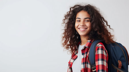 Young happy student with backpack on whiteの素材