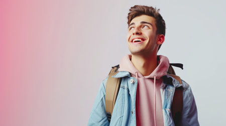 Young happy student with backpack on whiteの素材