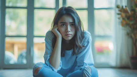 Sad and depressed young woman sitting on the floor in the living room looking outside the doors, sad mood, feel tired, lonely and unhappy concept.の素材