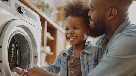 Side view of black child in casual clothes with curly hair smiling and embracing dad loading washing machine during household routine in morning at homeの素材