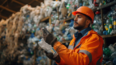 A male worker working at a recycling plant holds plastic bottles and tablets to dispose of and recycle plastic bottles at a small waste recycling plant.の素材