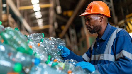 A male worker working at a recycling plant holds plastic bottles and tablets to dispose of and recycle plastic bottles at a small waste recycling plant.の素材