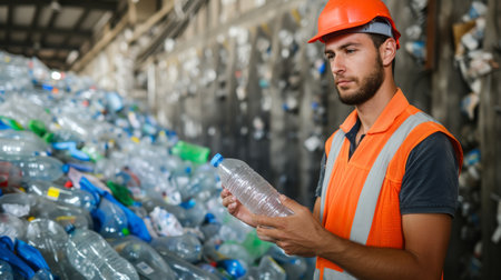 A male worker working at a recycling plant holds plastic bottles and tablets to dispose of and recycle plastic bottles at a small waste recycling plant.の素材
