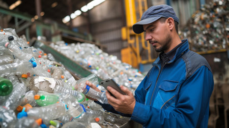 A male worker working at a recycling plant holds plastic bottles and tablets to dispose of and recycle plastic bottles at a small waste recycling plant.の素材