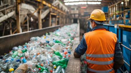 A worker controls the recycling of a recycling plant. Plastic bottles and plastic wasteの素材
