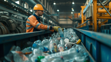 A worker controls the recycling of a recycling plant. Plastic bottles and plastic wasteの素材