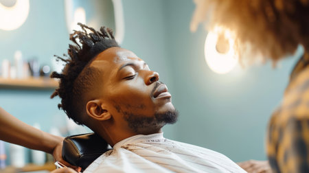 African American man sitting in chair and getting haircut in salonの素材