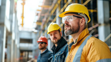 Architect caucasian man working with colleagues mixed race in the construction site. Architecture engineering at workplace. engineer architect wearing safety helmet meeting at construction site. workerの素材