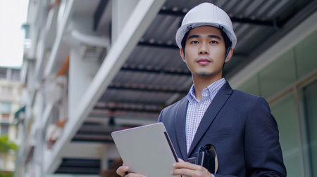 Asian male architect in suit wearing helmet standing holding a radio and laptop, portrait man looking camera.の素材