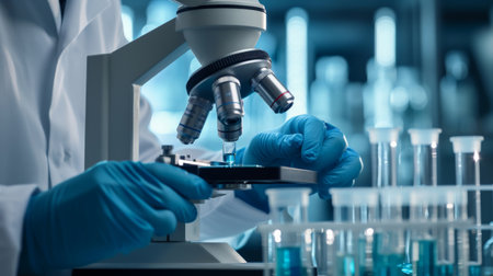 chemist,scientist hand holding test tube with microscope in laboratory background, science research and development conceptの素材