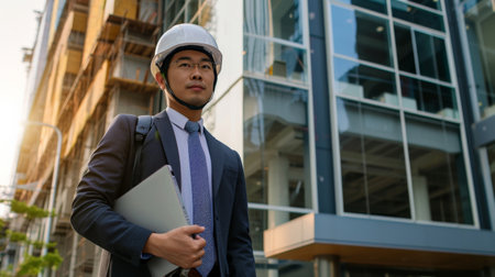 Asian male architect in suit wearing helmet standing holding a radio and laptop, portrait man looking camera.の素材