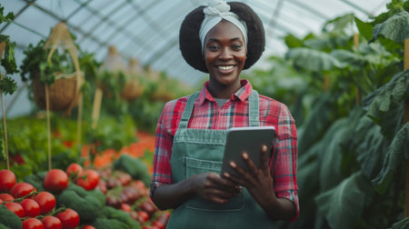 Beautiful African American organic vegetable garden owner with black skin.Standing smiling holding tablet with team farmers Help take care of seed plots in the greenhouse.Modern Agricultural, harvest.の素材