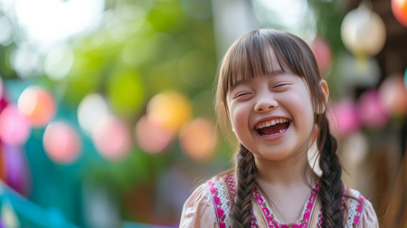 Cute Portrait down syndrome girl laugh life joyful.の素材