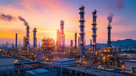 Factory of oil and gas refinery industrial plant with sunrise sky background, petrochemical industry, Smoke stacks of power plantの素材