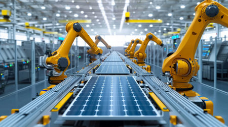 Large Production Line with Industrial Robot Arms at Modern Bright Factory. Solar Panels are being Assembled on Conveyor. Automated Manufacturing Facilityの素材